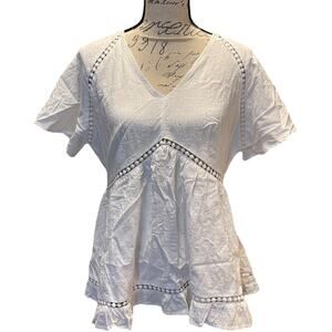 Bloomchic Cotton White Boho Babydoll V Neck Shirt Size 12